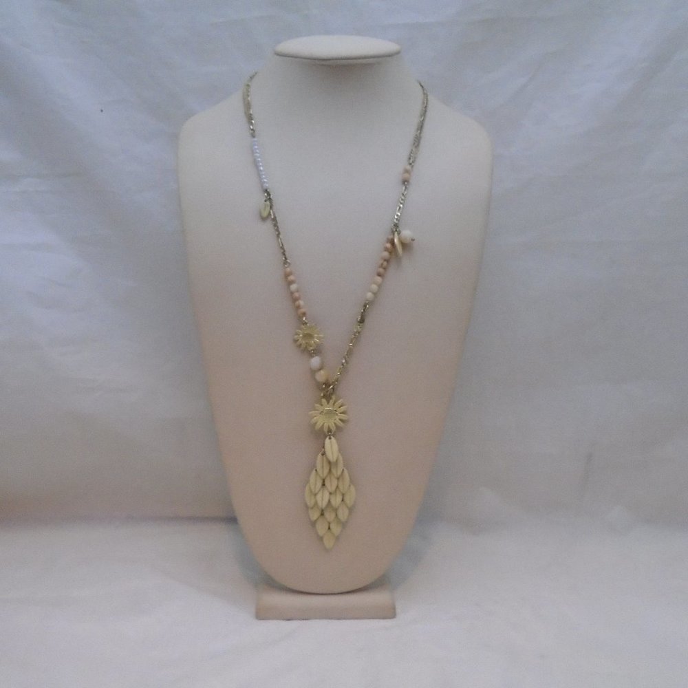 BOHM ENAMEL FLOWER LEAF ACCENT BEADED LONG GOLD STATEMENT NECKLACE